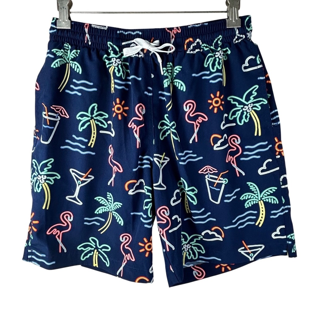 Chubbies Mens Neon Lights Flamingo Swim Trunks Navy Blue 7 Inch Inseam Small